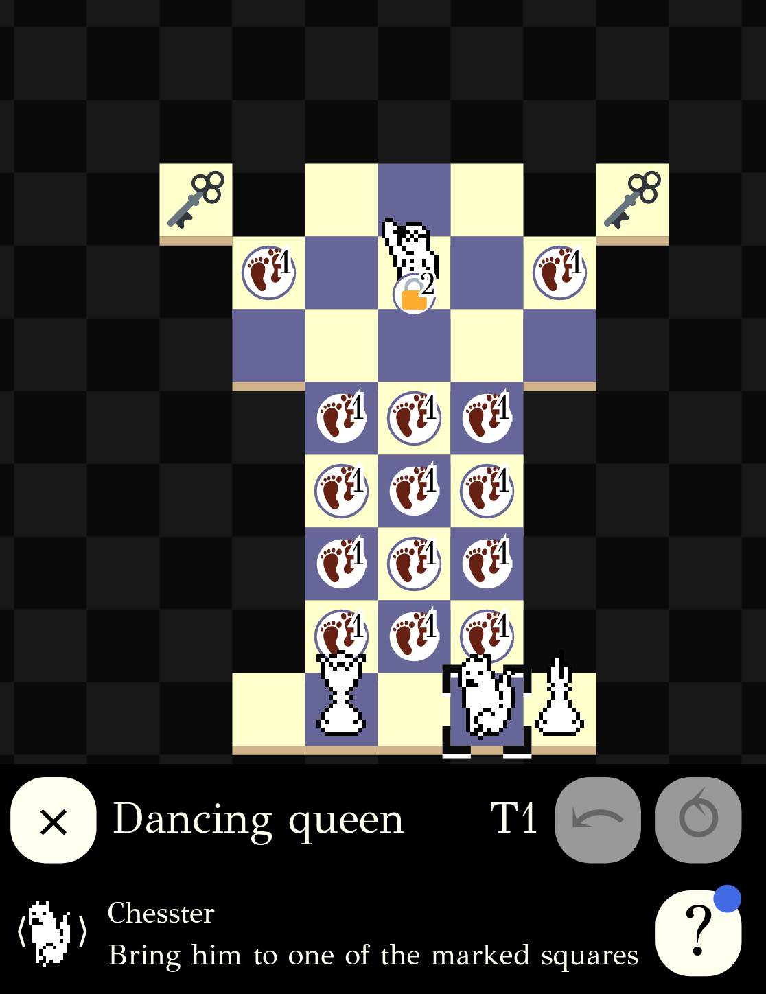 A screenshot of a chess puzzle, with a white queen, bishop, person and dog.